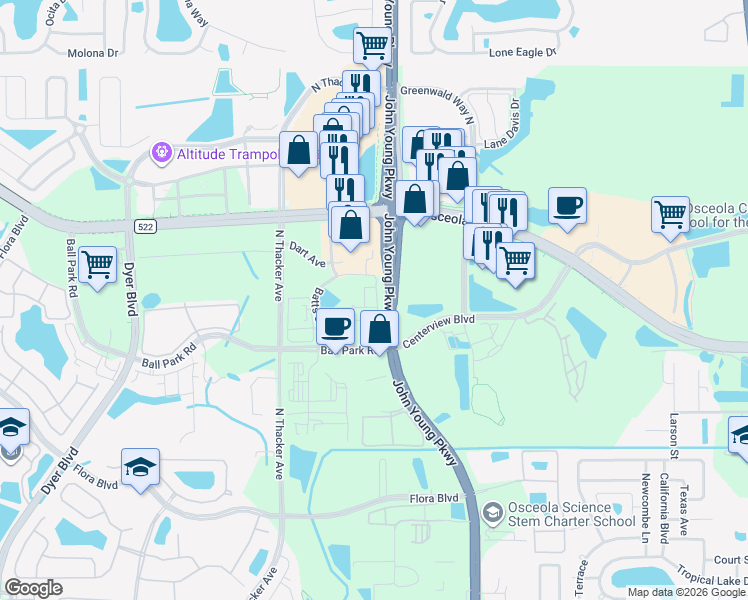 map of restaurants, bars, coffee shops, grocery stores, and more near 1750 Manarola Street in Kissimmee