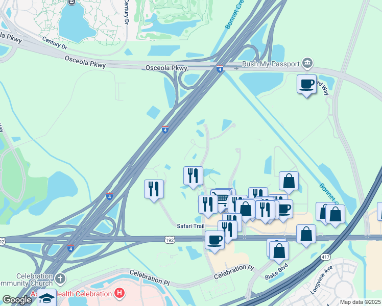 map of restaurants, bars, coffee shops, grocery stores, and more near 3028 Parkway Boulevard in Kissimmee