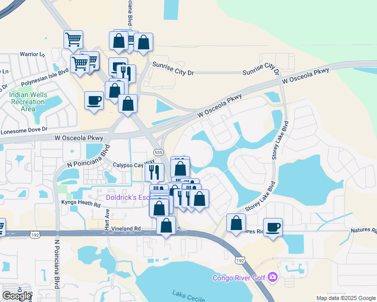 map of restaurants, bars, coffee shops, grocery stores, and more near 3061 Gatsby Street in Kissimmee