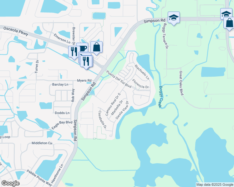 map of restaurants, bars, coffee shops, grocery stores, and more near 3034 Camino Real Drive South in Kissimmee