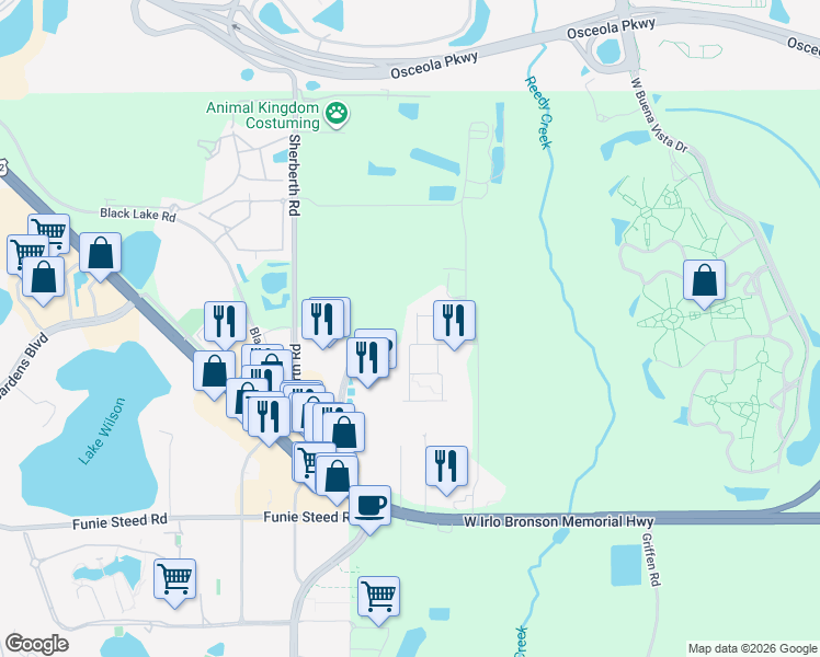 map of restaurants, bars, coffee shops, grocery stores, and more near Brooklyn Drive in Kissimmee