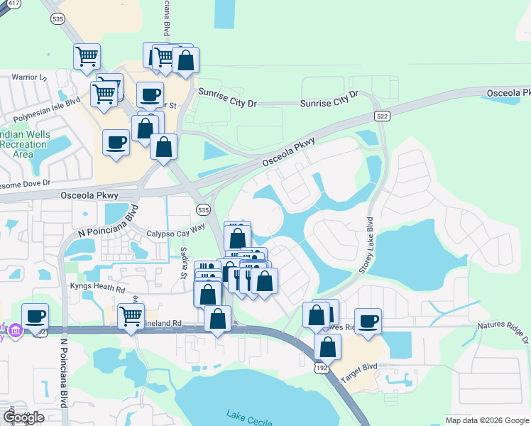 map of restaurants, bars, coffee shops, grocery stores, and more near 4885 Romeo Circle in Kissimmee