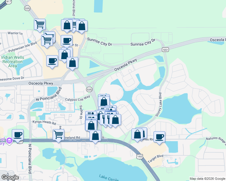 map of restaurants, bars, coffee shops, grocery stores, and more near 3061 Gatsby Street in Kissimmee