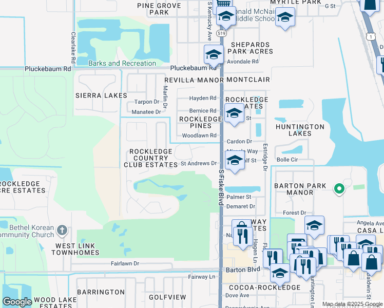 map of restaurants, bars, coffee shops, grocery stores, and more near 1340 Naples Circle in Rockledge