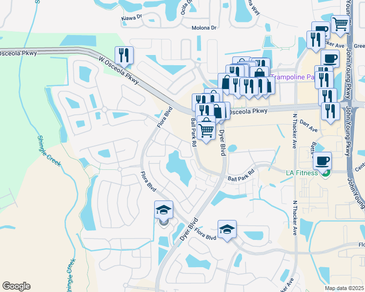 map of restaurants, bars, coffee shops, grocery stores, and more near 3341 Whitestone Circle in Kissimmee