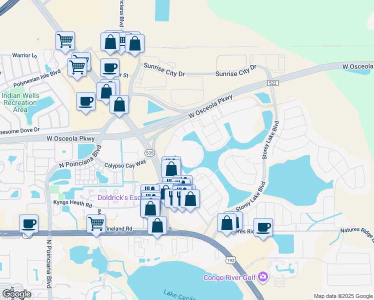 map of restaurants, bars, coffee shops, grocery stores, and more near 3061 Gatsby Street in Kissimmee