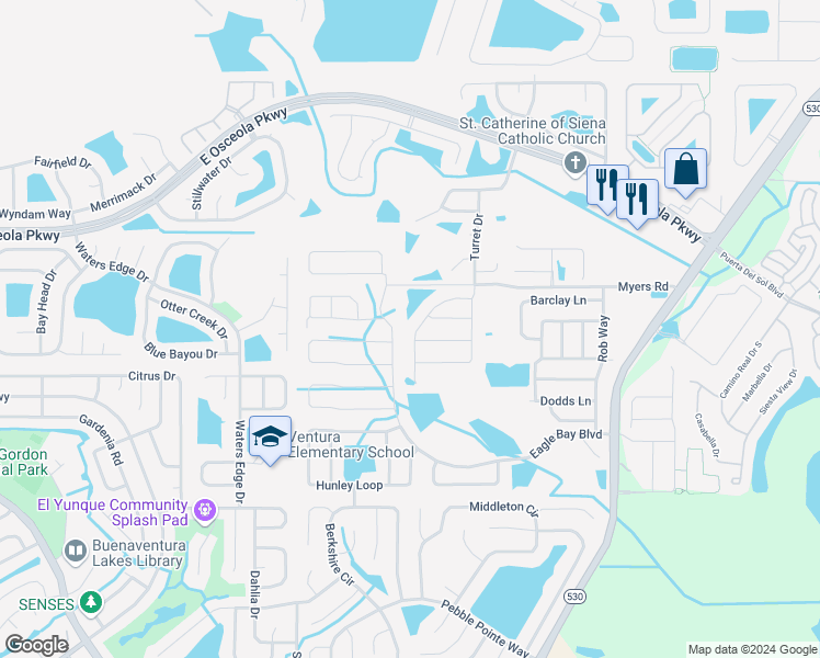 map of restaurants, bars, coffee shops, grocery stores, and more near 3219 Turret Drive in Kissimmee
