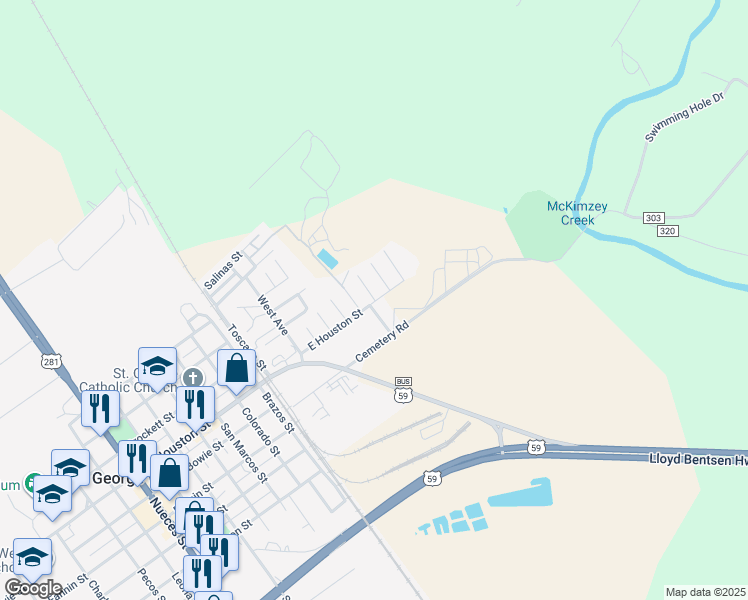 map of restaurants, bars, coffee shops, grocery stores, and more near 704 Garza Street in George West