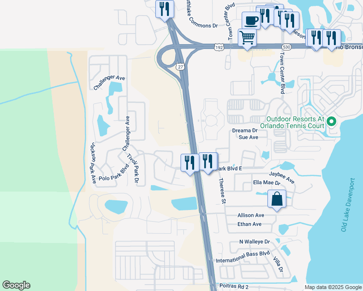 map of restaurants, bars, coffee shops, grocery stores, and more near Emerald Loop in Davenport