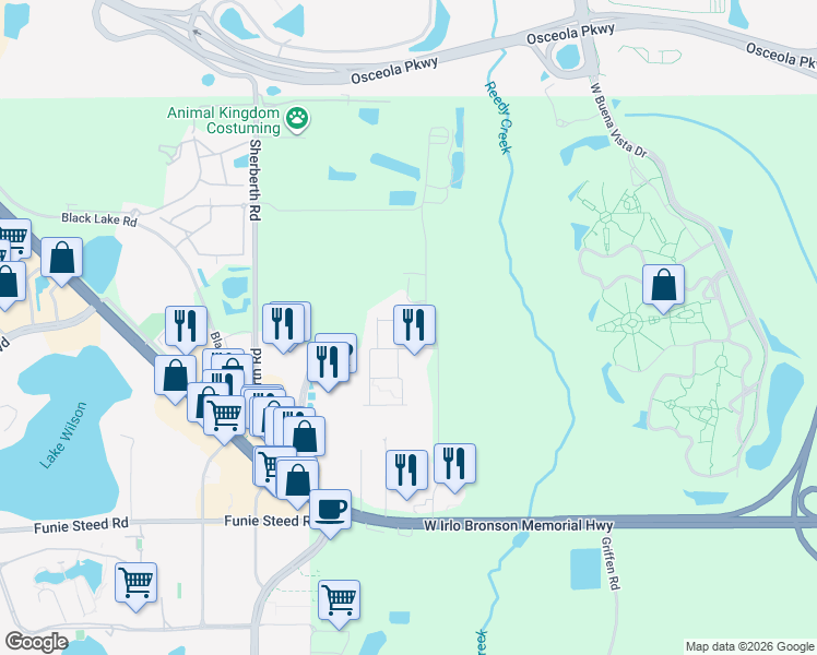 map of restaurants, bars, coffee shops, grocery stores, and more near Rockefeller Way in Kissimmee