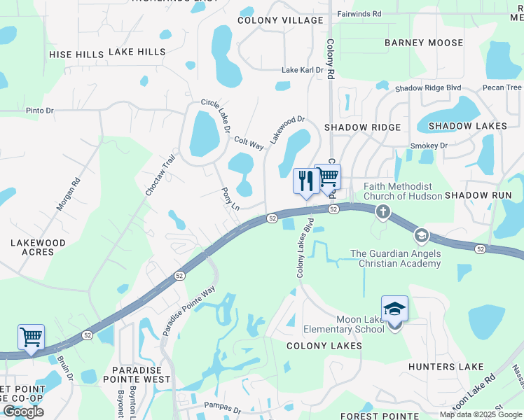 map of restaurants, bars, coffee shops, grocery stores, and more near 11709 State Road 52 in Hudson