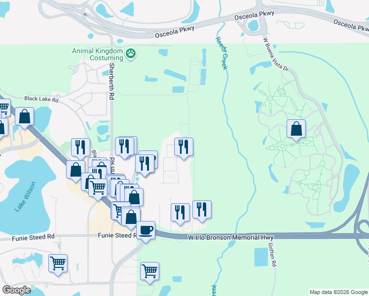 map of restaurants, bars, coffee shops, grocery stores, and more near Rockefeller Way in Kissimmee