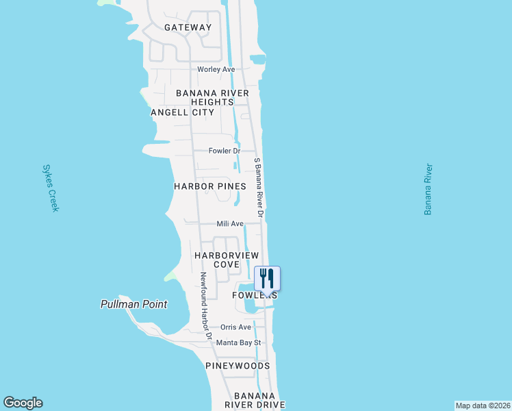 map of restaurants, bars, coffee shops, grocery stores, and more near 1015 South Banana River Drive in Merritt Island