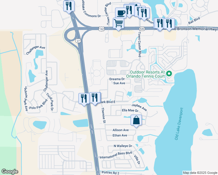 map of restaurants, bars, coffee shops, grocery stores, and more near 321 Dreama Drive in Davenport