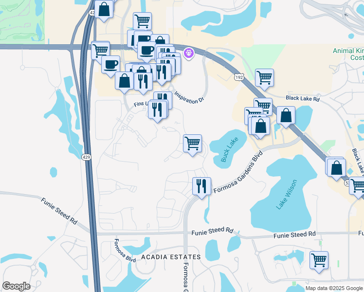 map of restaurants, bars, coffee shops, grocery stores, and more near 8032 Sand Bar Drive in Kissimmee