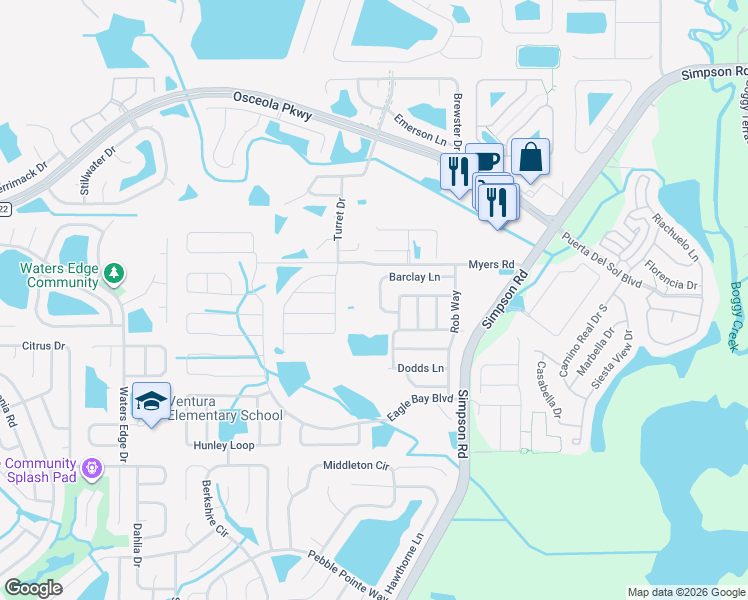 map of restaurants, bars, coffee shops, grocery stores, and more near 2713 Barclay Lane in Kissimmee