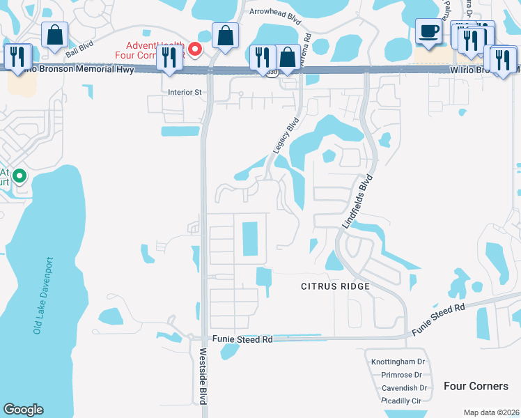 map of restaurants, bars, coffee shops, grocery stores, and more near 8921 Cuban Palm Road in Kissimmee