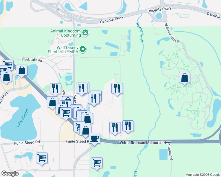 map of restaurants, bars, coffee shops, grocery stores, and more near Rockefeller Way in Kissimmee
