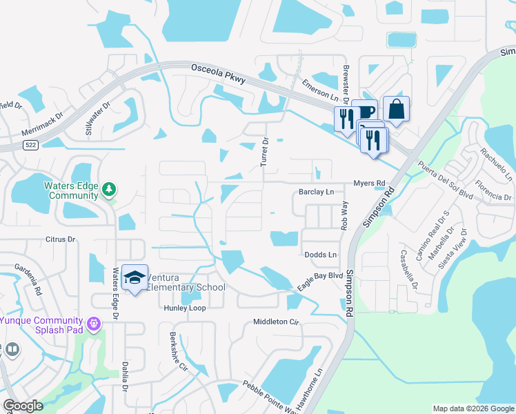 map of restaurants, bars, coffee shops, grocery stores, and more near 2614 Jetty Drive in Kissimmee