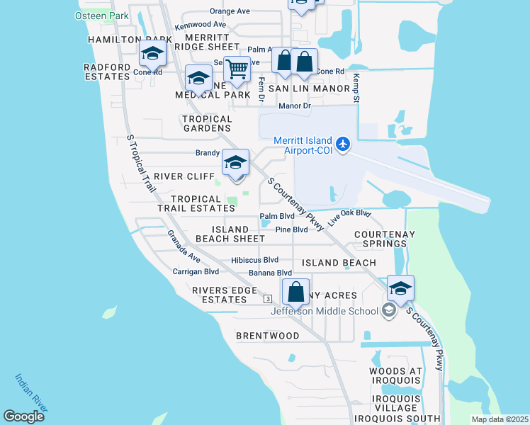 map of restaurants, bars, coffee shops, grocery stores, and more near 320 Palm Boulevard in Merritt Island