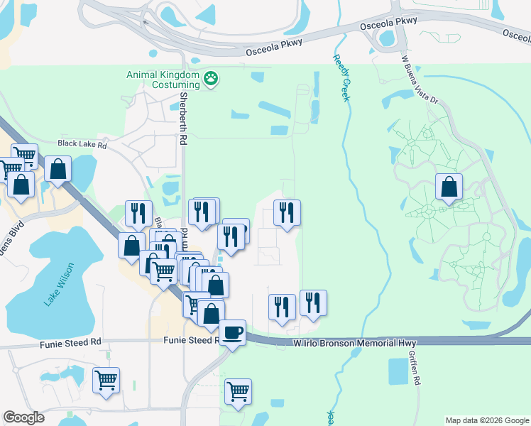 map of restaurants, bars, coffee shops, grocery stores, and more near Rockefeller Way in Kissimmee