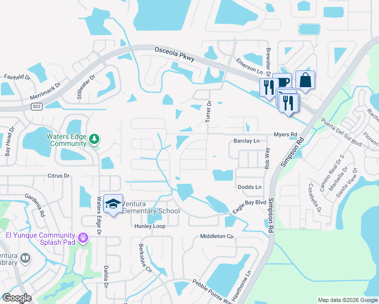 map of restaurants, bars, coffee shops, grocery stores, and more near 2602 Jetty Drive in Kissimmee