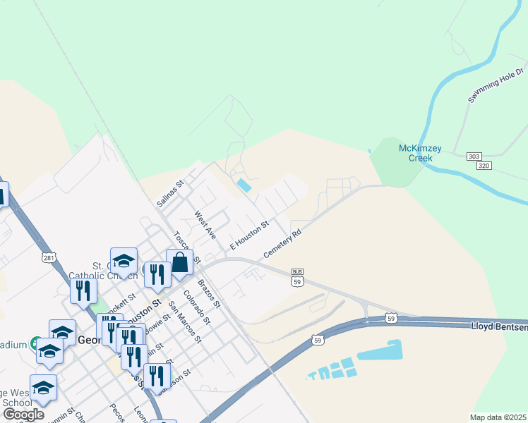 map of restaurants, bars, coffee shops, grocery stores, and more near 704 Garza Street in George West