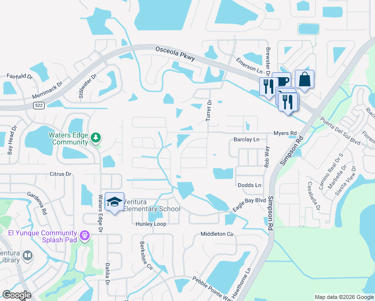 map of restaurants, bars, coffee shops, grocery stores, and more near 2600 Jetty Drive in Kissimmee