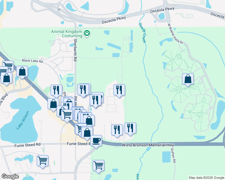 map of restaurants, bars, coffee shops, grocery stores, and more near Rockefeller Way in Kissimmee