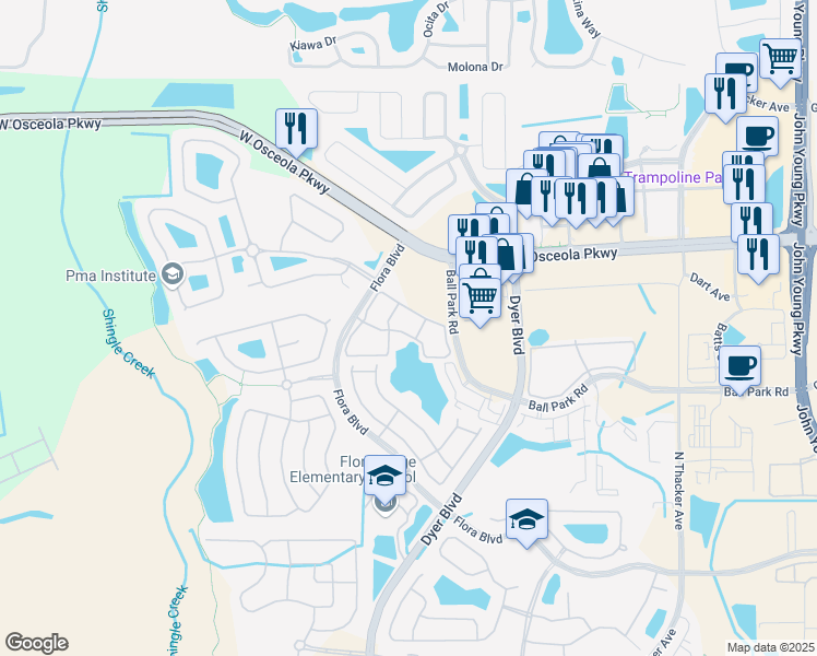 map of restaurants, bars, coffee shops, grocery stores, and more near 3341 Whitestone Circle in Kissimmee
