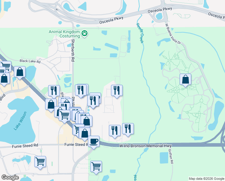 map of restaurants, bars, coffee shops, grocery stores, and more near Rockefeller Way in Kissimmee