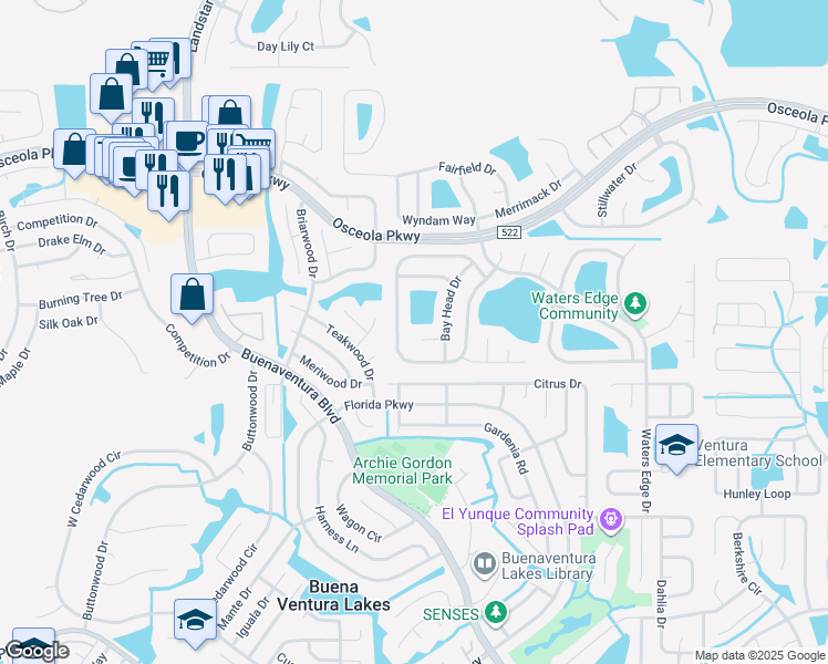 map of restaurants, bars, coffee shops, grocery stores, and more near 110 Blue Indigo Court in Kissimmee