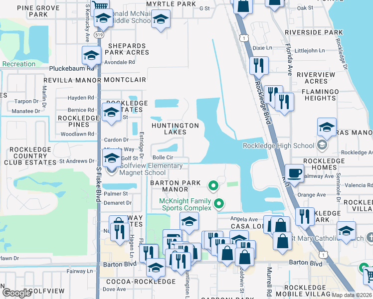 map of restaurants, bars, coffee shops, grocery stores, and more near 1236 Serengeti Way in Rockledge
