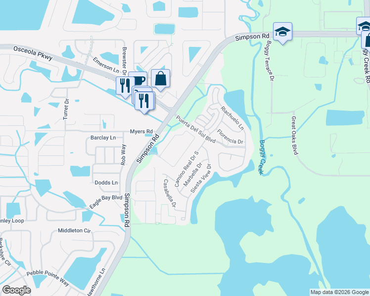 map of restaurants, bars, coffee shops, grocery stores, and more near 2911 Sera Bella Way in Kissimmee