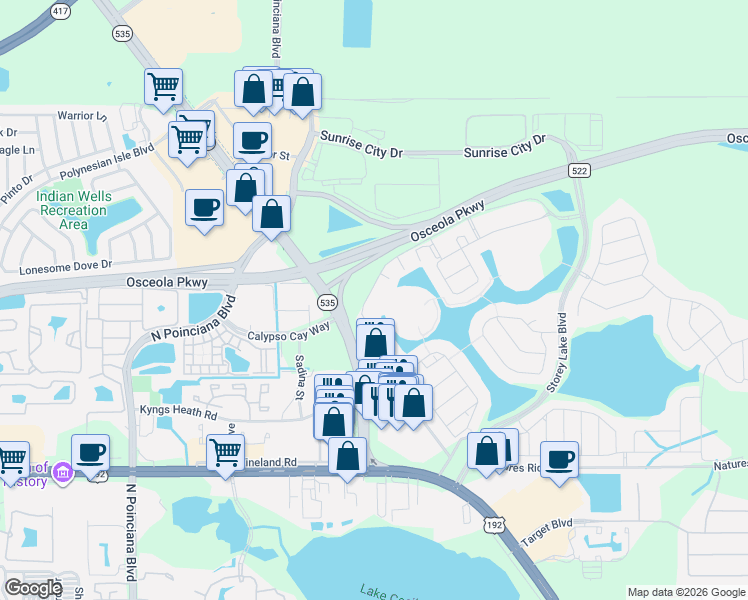 map of restaurants, bars, coffee shops, grocery stores, and more near 3061 Gatsby Street in Kissimmee