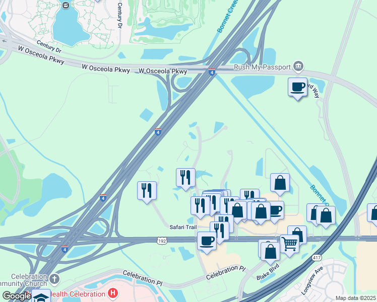 map of restaurants, bars, coffee shops, grocery stores, and more near 3032 Parkway Boulevard in Kissimmee