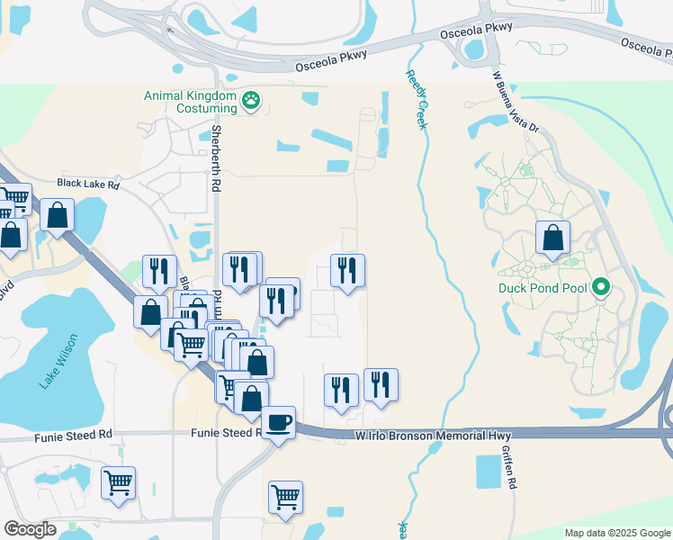 map of restaurants, bars, coffee shops, grocery stores, and more near Rockefeller Way in Kissimmee