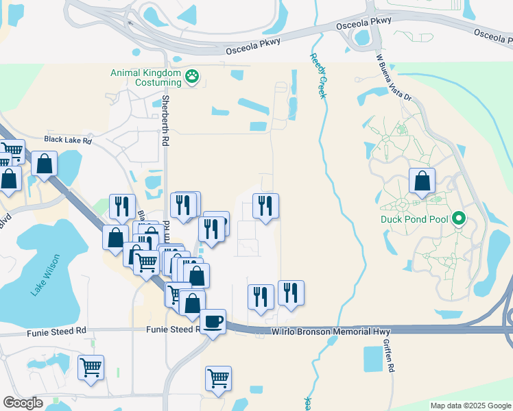 map of restaurants, bars, coffee shops, grocery stores, and more near Rockefeller Way in Kissimmee