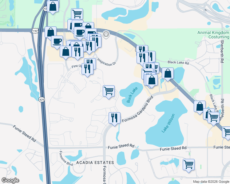 map of restaurants, bars, coffee shops, grocery stores, and more near 3082 Key Lime Loop in Kissimmee