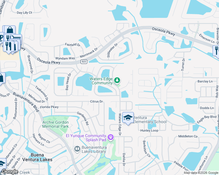 map of restaurants, bars, coffee shops, grocery stores, and more near 413 Otter Creek Drive in Kissimmee