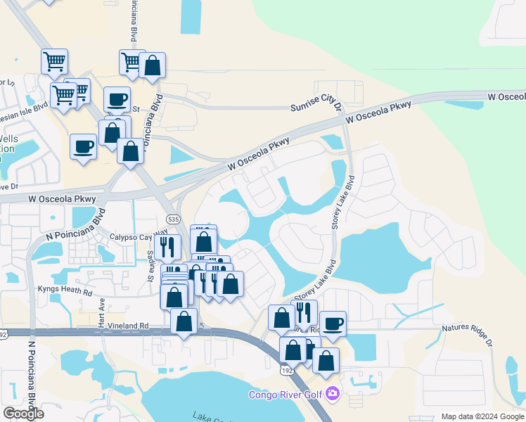 map of restaurants, bars, coffee shops, grocery stores, and more near 3131 Pequod Place in Kissimmee
