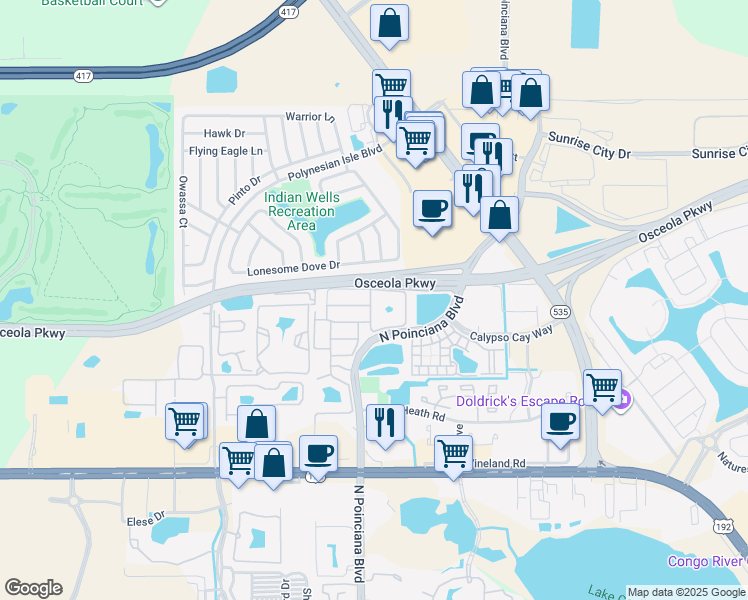 map of restaurants, bars, coffee shops, grocery stores, and more near 3125 Tocoa Circle in Kissimmee