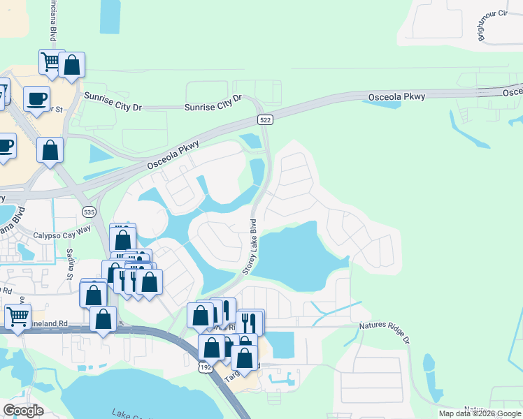 map of restaurants, bars, coffee shops, grocery stores, and more near 3074 White Horse Court in Kissimmee