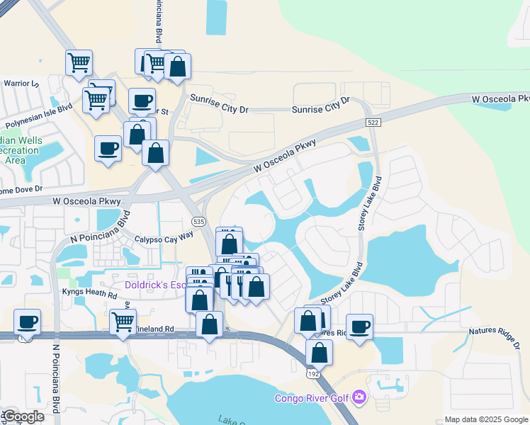 map of restaurants, bars, coffee shops, grocery stores, and more near 4885 Romeo Circle in Kissimmee