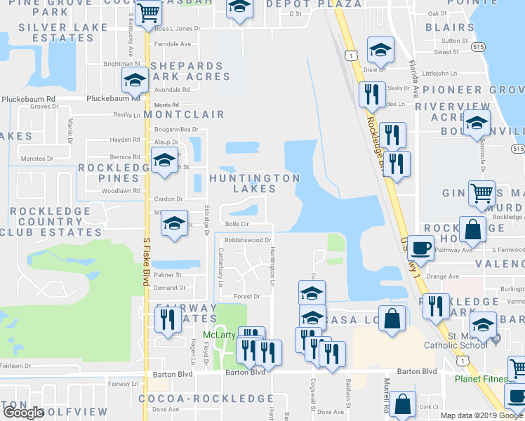 map of restaurants, bars, coffee shops, grocery stores, and more near 1243 Serengeti Way in Rockledge