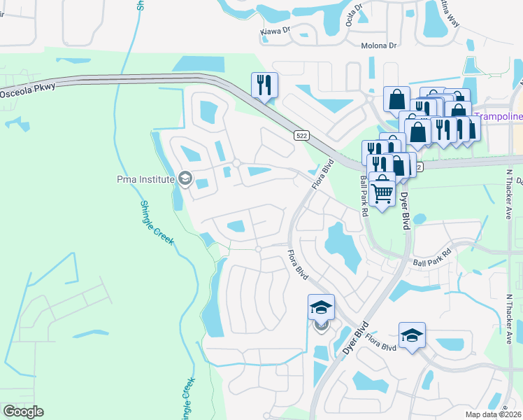 map of restaurants, bars, coffee shops, grocery stores, and more near 3492 Forest Ridge Lane in Kissimmee