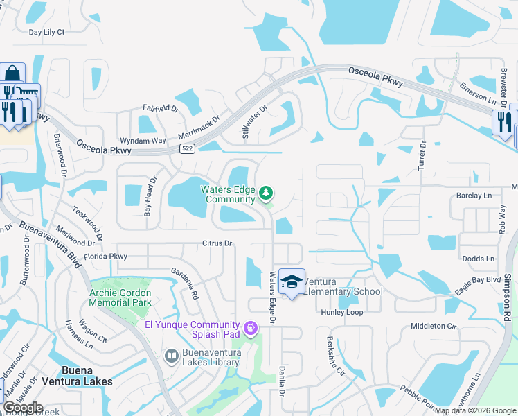 map of restaurants, bars, coffee shops, grocery stores, and more near 413 Otter Creek Drive in Kissimmee