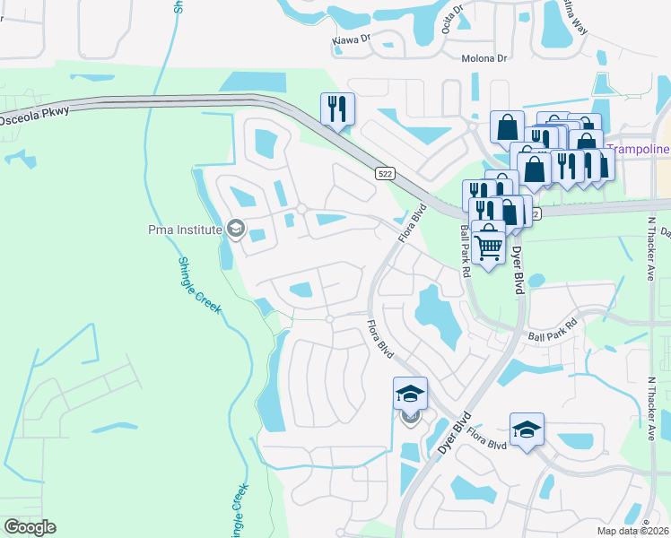 map of restaurants, bars, coffee shops, grocery stores, and more near 3492 Forest Ridge Lane in Kissimmee