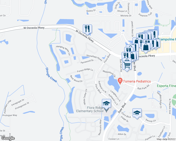 map of restaurants, bars, coffee shops, grocery stores, and more near 3492 Forest Ridge Lane in Kissimmee
