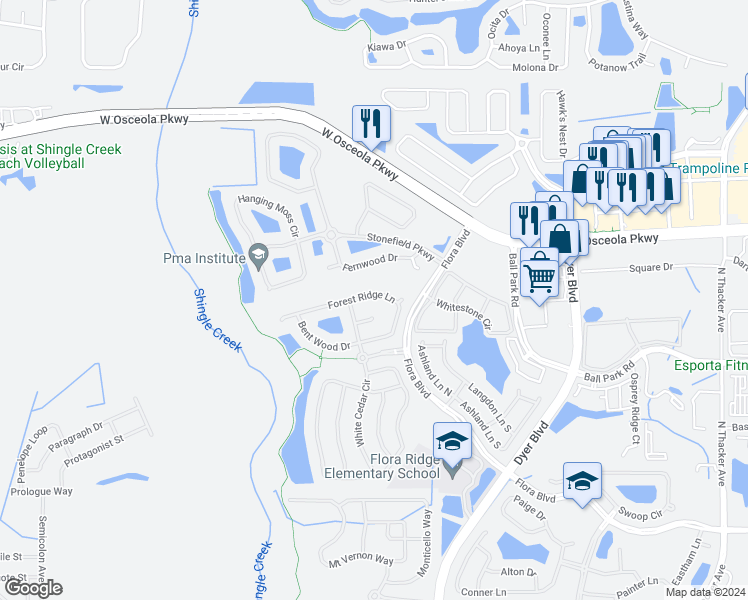 map of restaurants, bars, coffee shops, grocery stores, and more near 3492 Forest Ridge Lane in Kissimmee